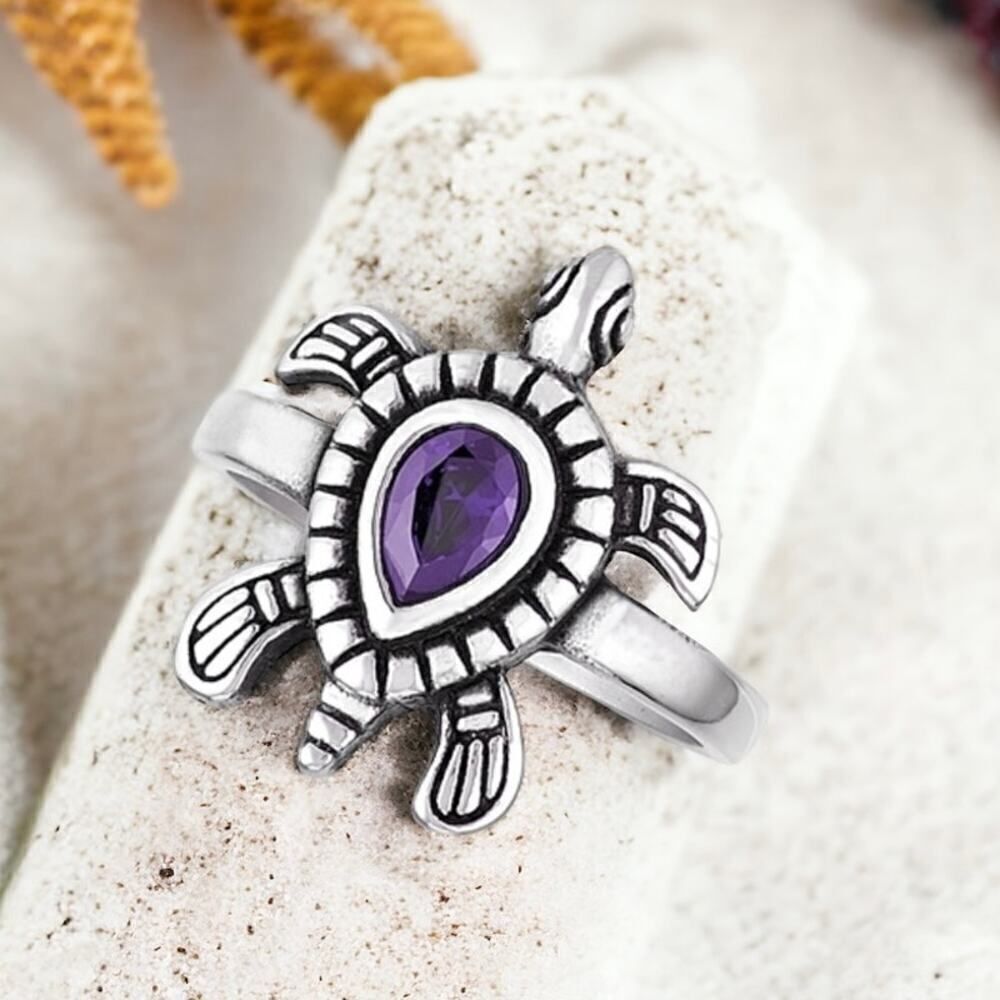 Stainless Steel Turtle Ring With Amethyst CZ
